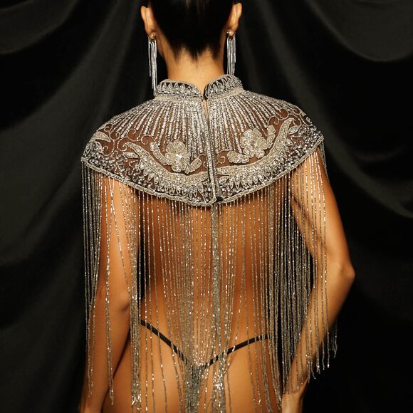 Silver Sequin Fringe Cape, Rhinestone Shawl, Luxury Beaded Cape, Festival Outfit - Picture 7 of 13